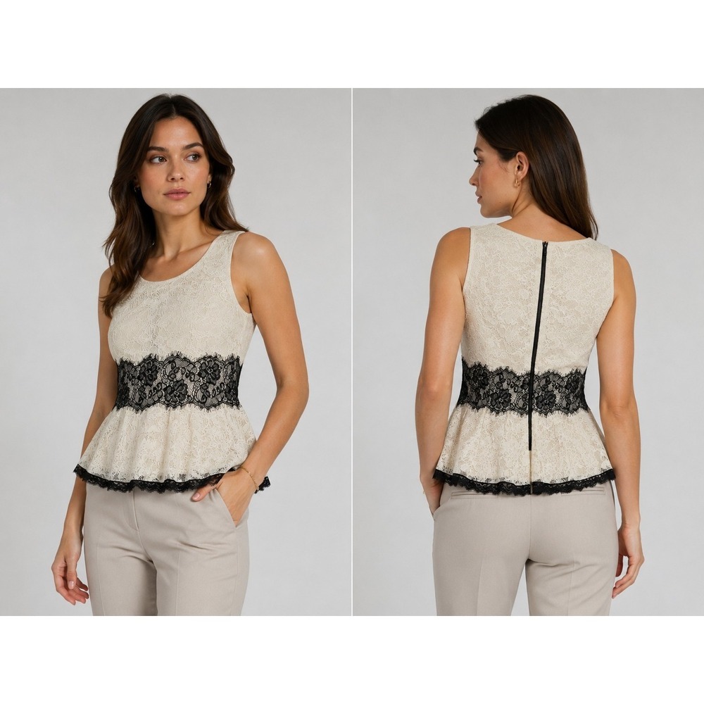 Cato Lace Peplum Top Women's Large Cream Black Sleeveless Zip Back Elegant